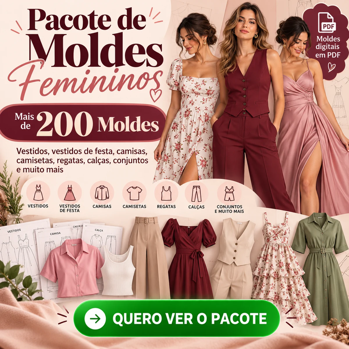 Pacote de Moldes Femininos com diversos modelos de roupas
